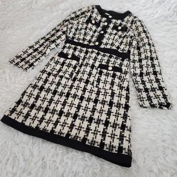 yuan mei yin 트위드 원피스 체크 펄 노카라