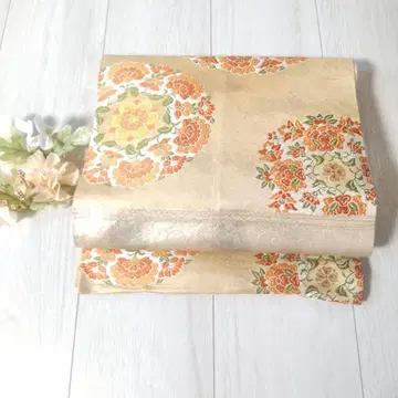 후쿠로 오비 골드 오렌지 그린 꽃 무늬 마루 고급 화려한 기모노 OBI