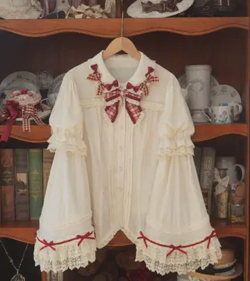 휘핑 크림 홀 케이크 히메소데 체크 리본 블라우스