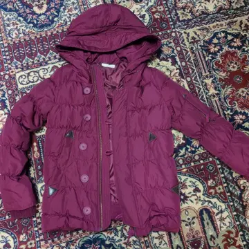 퍼플 레드 후드 부착 다운 자켓