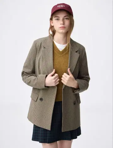 지유 더블 브레스트 체크 자켓 브라운 M 사이즈