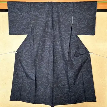 유키츠무기 80카메코 순수 실크 네이비 차야츠지 꽃 중고품 [mm108]