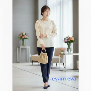 evam eva 보트넥 블라우스 & 코튼 네이비 팬츠 세트