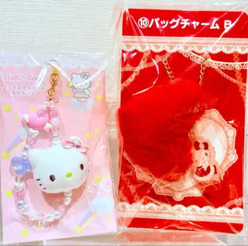 헬로키티 페이스 마스코트 스트랩 비즈 스트랩과 제일복권 2세트