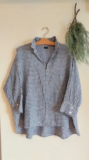 이치 깅엄 체크 오버 사이즈 린넨 셔츠