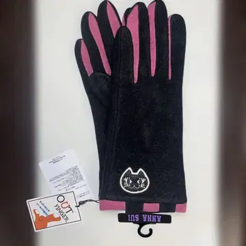 택 포함 새상품 안나수이 블랙핑크, 고양이 와펜 아웃 핑거 장갑