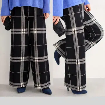 단맛을 억제한 샤프한 체크 니트 와이드 팬츠 새상품급