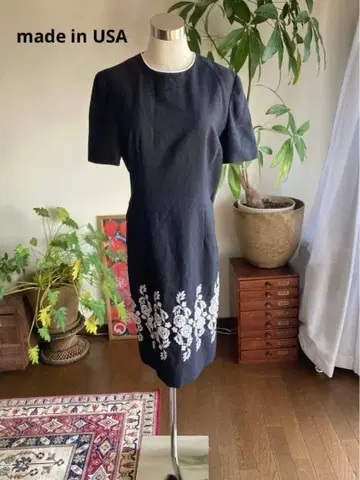 빈티지 USA제 유니온 메이드 꽃무늬 자수 반팔 무릎 기장 원피스 J31