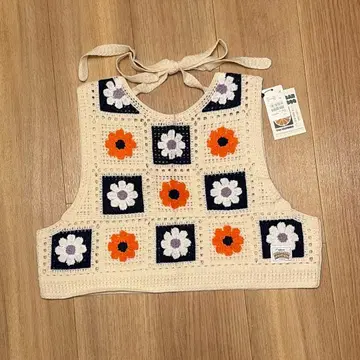 새상품 헬로 샌프란시스코 플라워 레이스 백리본 크롭 베스트 크로셰