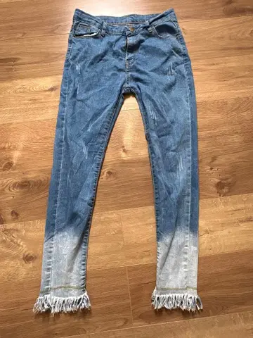 used 데미지 진 그라데이션 프린지 밑단 스키니 데님 팬츠