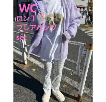 WC 롱티 고양이 캣 라벤더 꽃무늬 플라워 플레어 팬츠