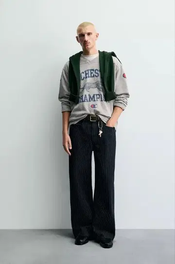 [ 새상품44 ] ZARA x CHAMPION 스트라이프 배기 핏 청바지