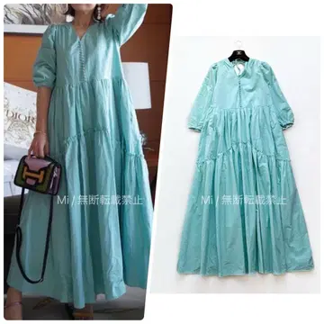 [iDea Luce] 코튼 티어드 원피스 플레어 V넥 민트 F