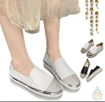 슬립온 로퍼 통굽 스니커즈 여성용 통굽 반짝이 화이트