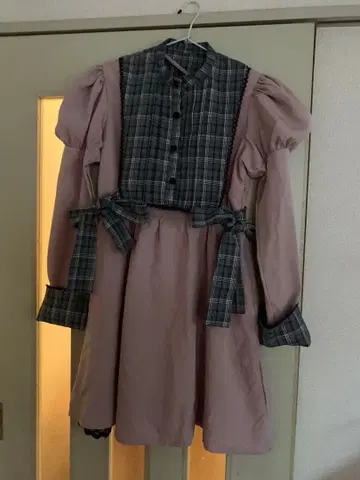 Dear My Love 핑크 체크 무늬 긴팔 원피스