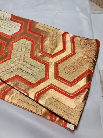 기하학 패턴 후쿠로 오비 오렌지 금 비샤몬 키코 순수 실크