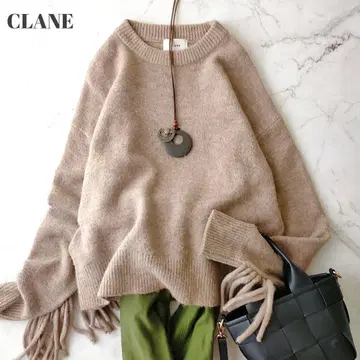 클라네 프린지 슬리브 니트 크루넥 베이지 긴팔 니트 울 혼방