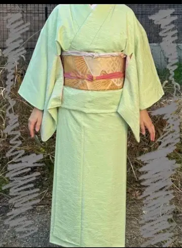 연한 녹색 이로무지 기모노와 오비