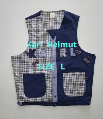칼 헬무트 네이비 체크 무늬 패치워크 코튼 베스트