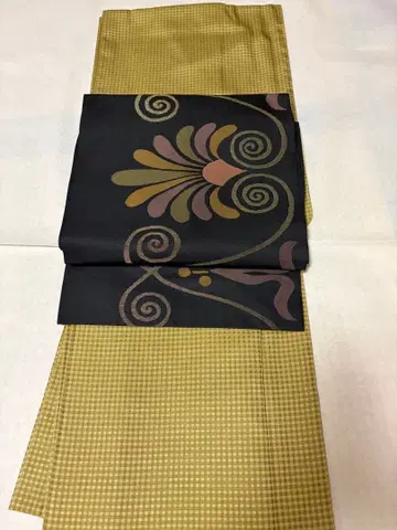 오메시 이중 기모노 올리브 그린 체크 무늬