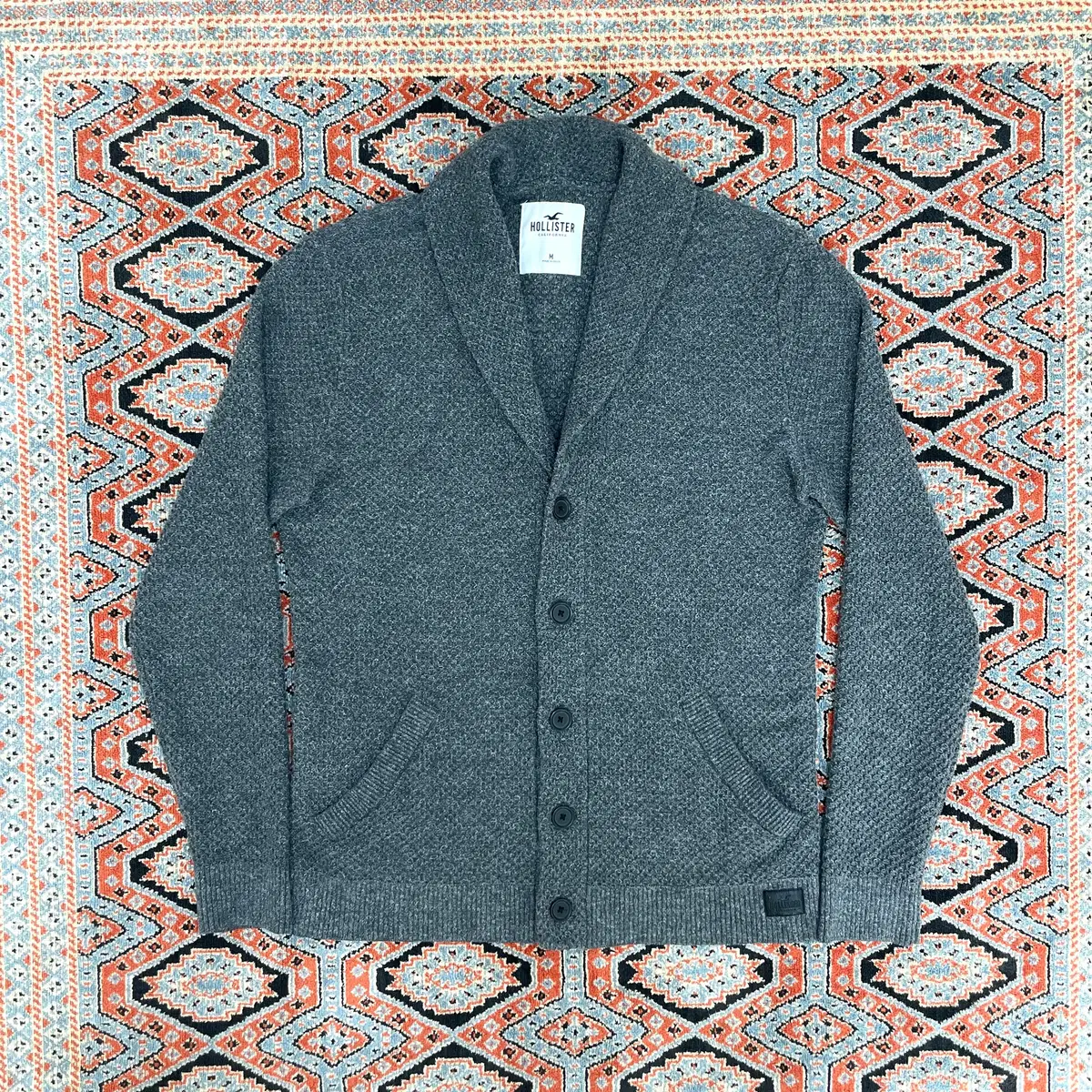 Hollister チャコールグレーコットンショールカラーニットカーディガン 