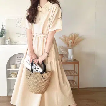 티어드 가슴 자수 축구 하프 ZIP 원피스 (롱) 폴로 칼라 원피스