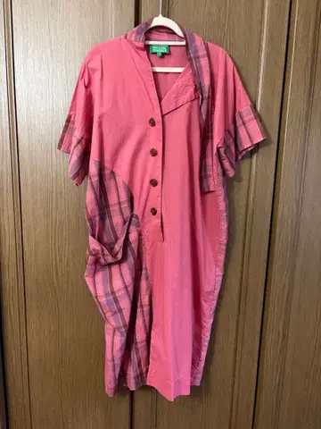 비비안 핑크 체크 무늬 반팔 셔츠 원피스