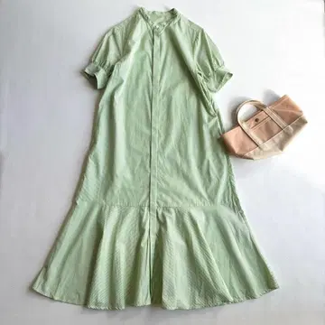 쉽스 헤임 플레어 스탠드 카라 셔츠 원피스 라임 스트라이프