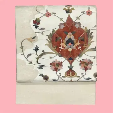 이국적인 사라사 꽃 아이보리 화이트 핑크 후쿠로 오비 샹들리에 기모노