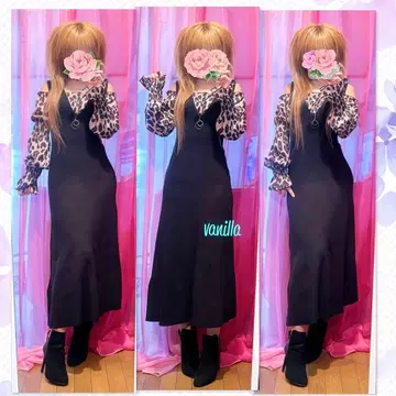 레오파드 무늬 쉬폰 블라우스 니트 플레어 원피스 언니 갸루 코디 세트