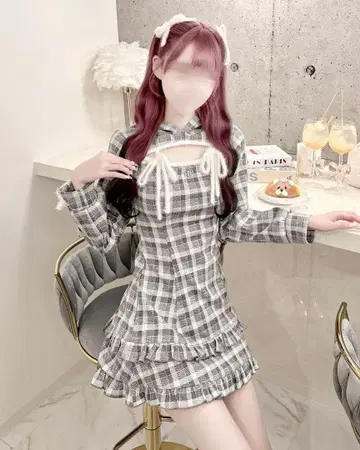 HONEY MEW 프릴 체크 후드티 원피스