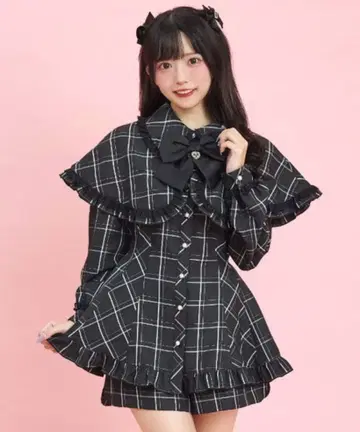 Secret Honey 케이프 포함 셋업 체크 블랙