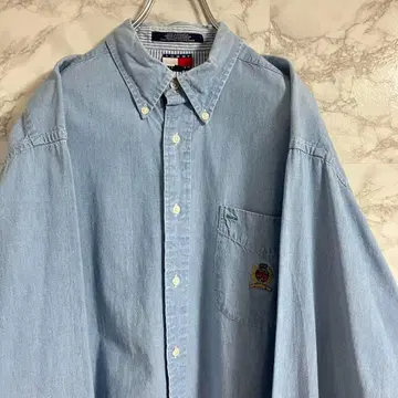 [올드 타미] 타미힐피거 엠블럼 자수 데님 셔츠 스카이블루 L