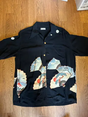 듀님 denime 블랙 부채 패턴 하와이안 셔츠