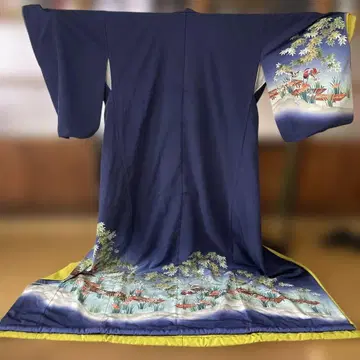 일본 무용 기모노 밑단 네이비 자연 풍경 자수