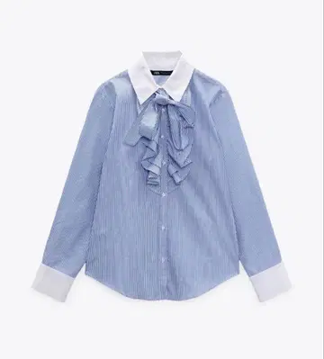 ZARA 타이 틸 디테일 스트라이프 셔츠 프릴 블루 파랑