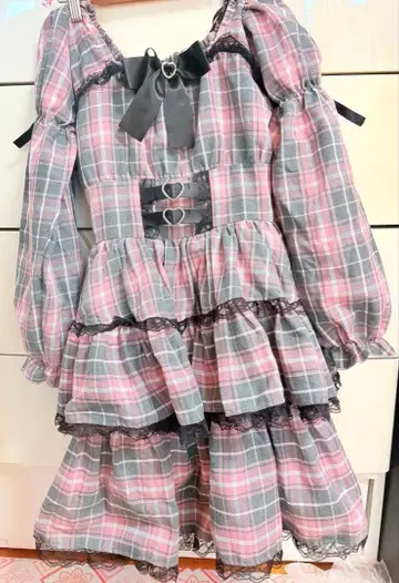 지뢰계 핑크 블랙 체크 무늬 프릴 미니 원피스