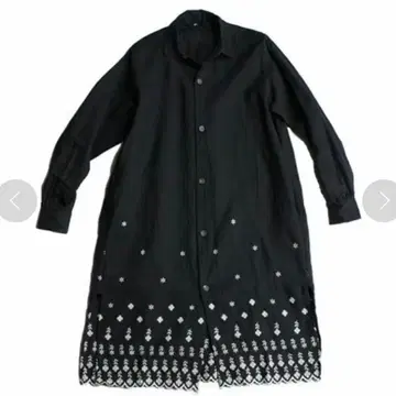 45R 리넨 컷워크 자수 개더 드레스 흑먹색 인디고