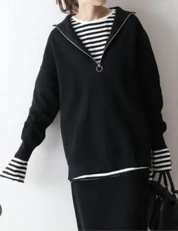 프레임워크 코튼 탄력 누빔 하프 지퍼 풀오버 블랙