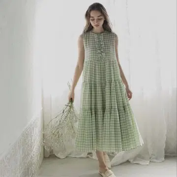 unminou 앙미누 깅엄 프릴 티어드 원피스 민트 그린