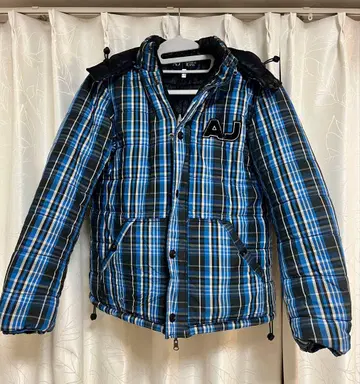 ArmaniJeans 후드 부착 다운 자켓 파랑 블랙 체크 무늬 XS