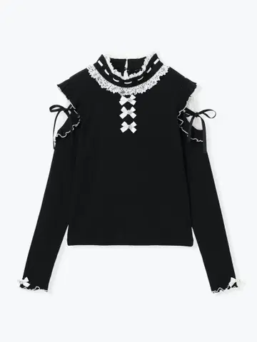 반짝반짝 리본 오픈 숄더 푸치 하이 티셔츠 블랙 M 노에미