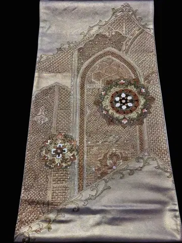 [ 새상품급 ] 후쿠로 오비 산토 자수 보상화 오타이코 패턴 부드러운 편