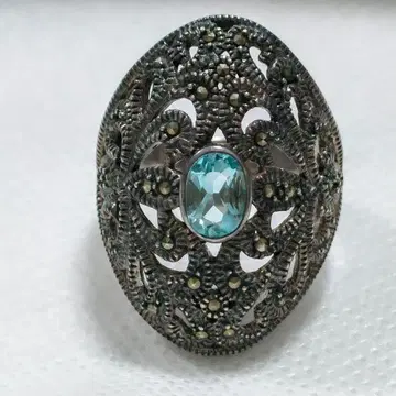 5803 SV925 마카사이트와 블루 토파즈 시스루 꽃무늬 빈티지 반지