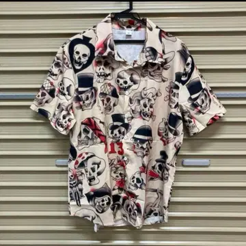 아메토라 타투 패턴 스컬 해골 하와이안 셔츠 로카빌리 베이지 XL