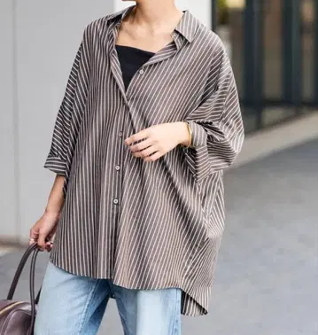 프레임워크 포플린 스트라이프 H/S 판초 셔츠 브라운 일본제