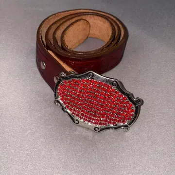 [ 레어 80s ] 천연 가죽 웨스턴 벨트 빨간색 큐빅 빈티지 버클