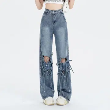 PASSION 패션 레이스업 하이웨스트 립드 데님 팬츠