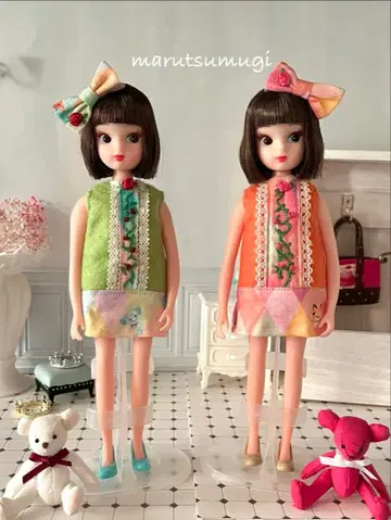 No.71 복각판 초대 리카짱 장미 자수 연두색 원피스