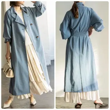 노블 파우더 옥스 레트로 트렌치코트 벨트 포함 린넨 38 블루